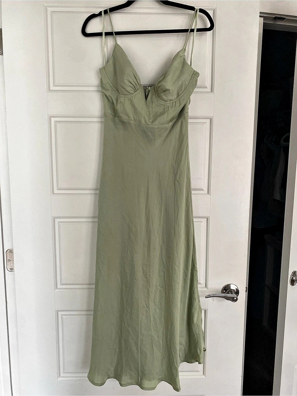 Hello Molly My Fierce Love Satin Midi Dress Sage Satin Maxi Dress in Green Size
